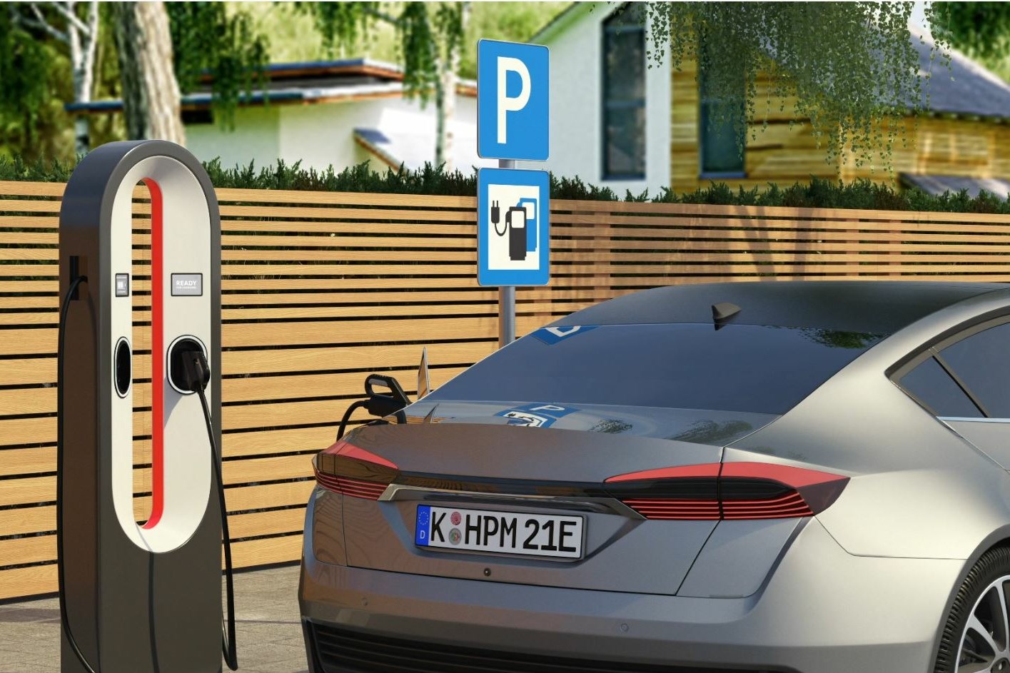 E-car charging at a charging station with HPM license plate