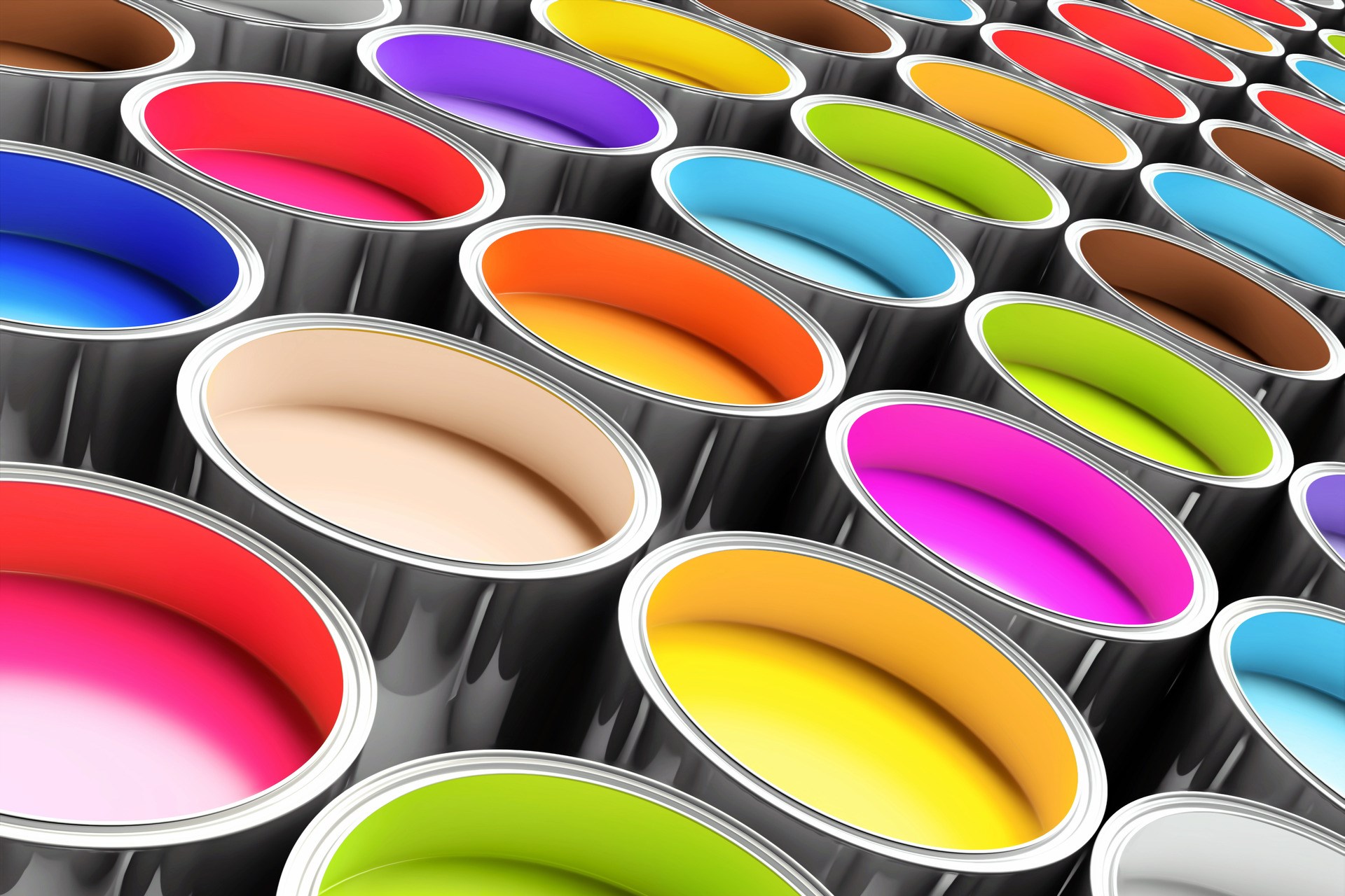 Numerous paint pots filled with different colors

