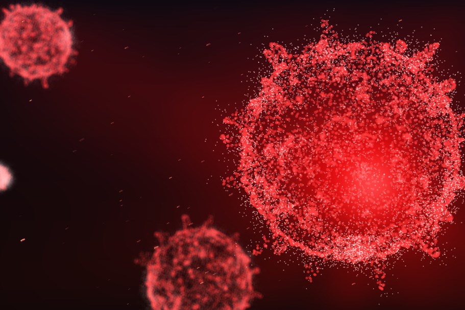 Close up influenza virus in blood vessel. Red abstract plexus wireframe Coronavirus background. Science and medical concept. Micro nucleus of Corona virus cell in human body. 3D illustration graphic