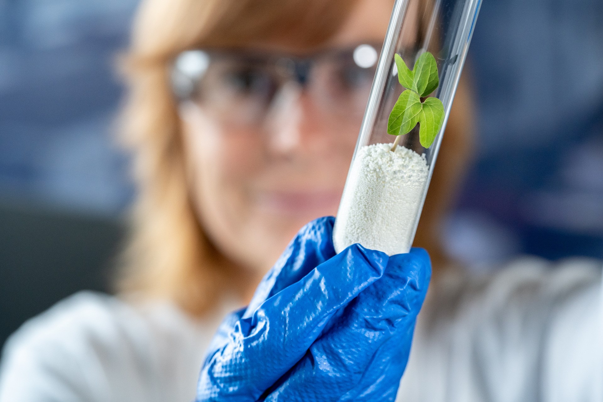 Scopeblue Lewatit Keyvisual - Mitarbeiterin mit Lewatit im Reagenzglas auf dem eine Pflanze wächst