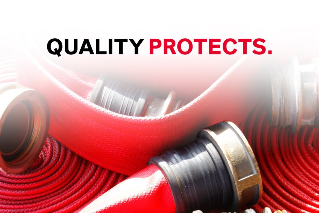 Graphic with lettering (Quality Protects) on a picture of entwined red fire hoses
