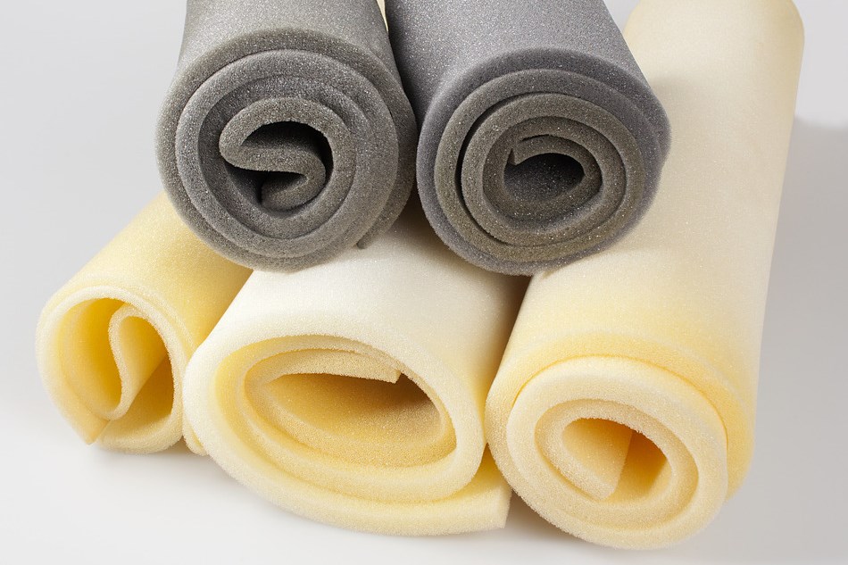 Foam, samples of gray and yellow color, in rolls, composition