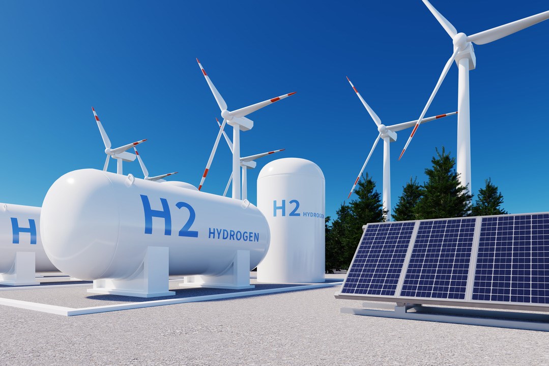 h2-Wasserstofftank, Sonnenkollektoren und Windkraftanlagen, 3d-Rendering