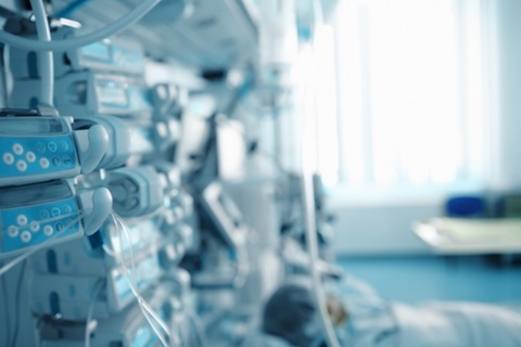 Patient after surgery in the advanced equipped ICU, unfocused background