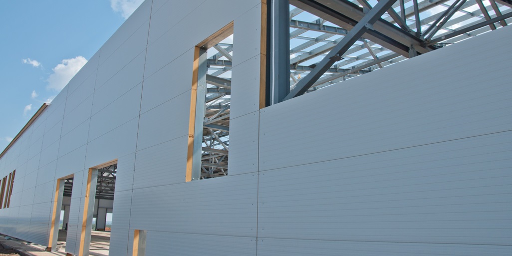 Sandwich panels at the construction site. Material for warming the walls of the building. Technologies in construction. An alternative to a brick building